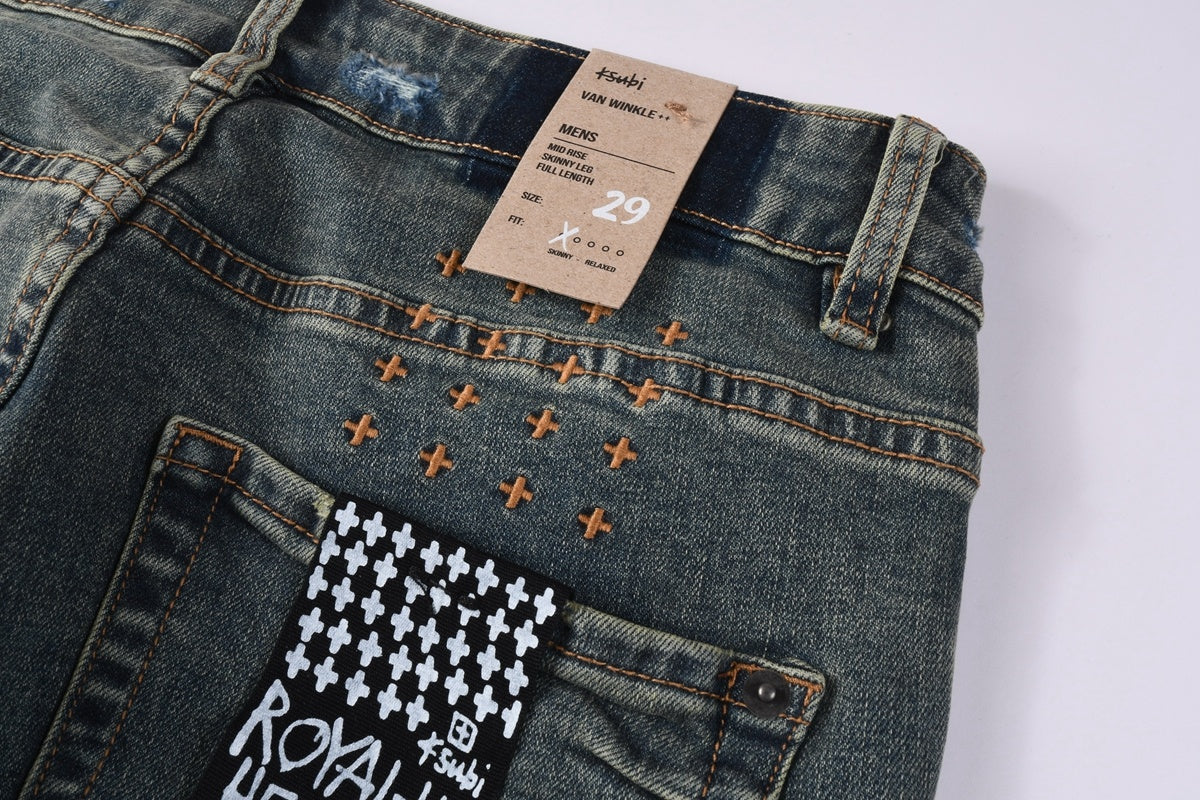 KSUBI denim dark blue ish brown distressed skinny jeans