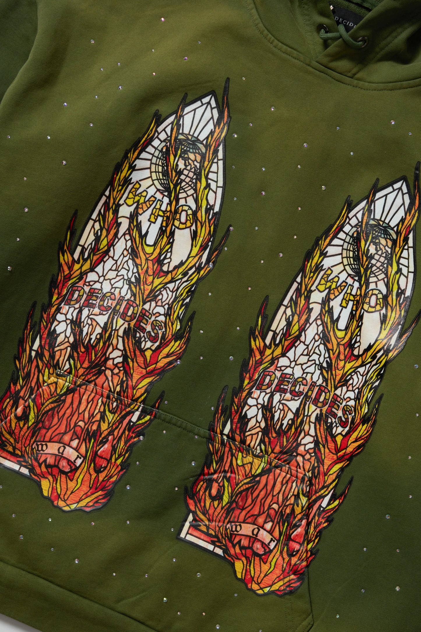 WHO DECIDES WAR green flame glass hoodie