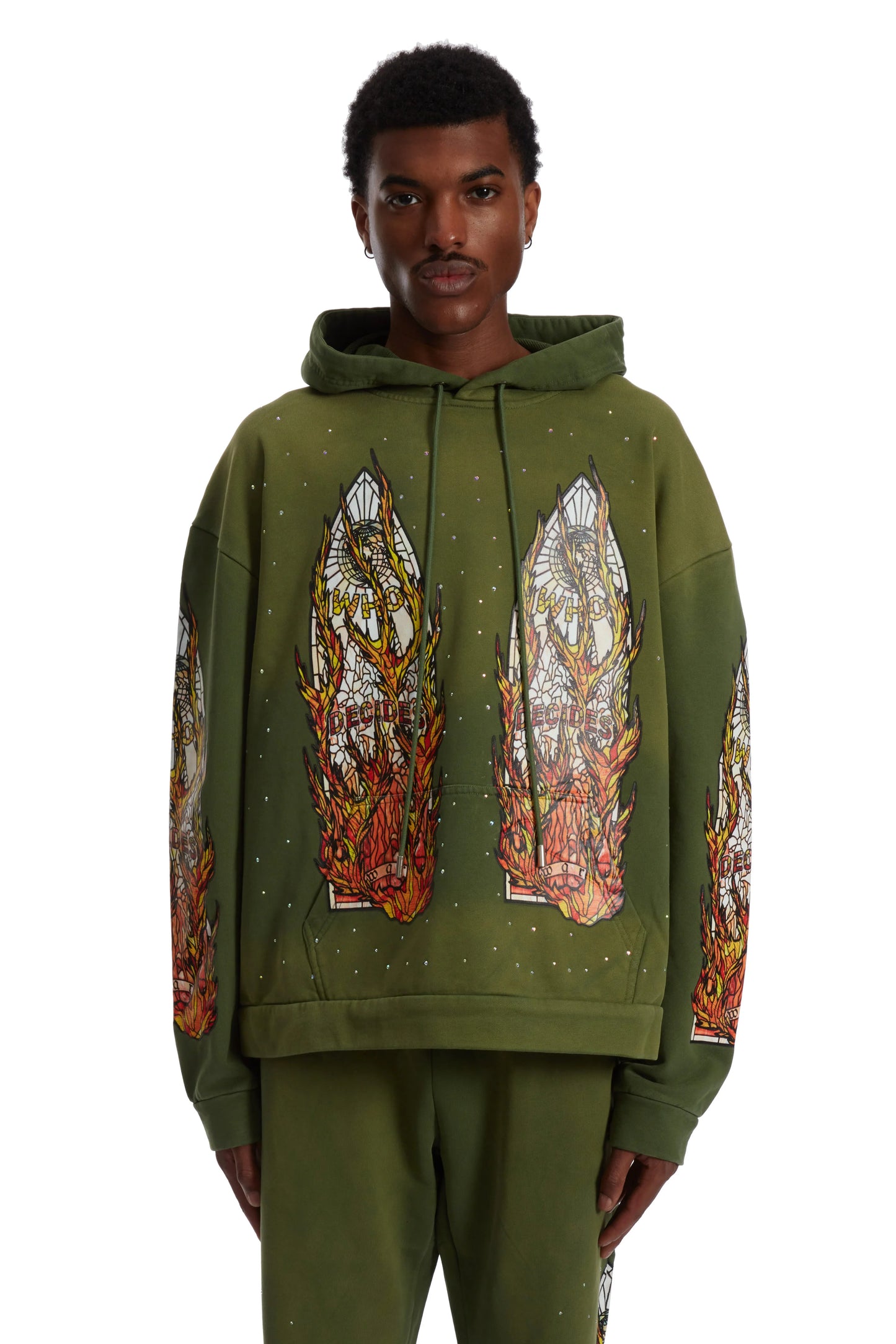 WHO DECIDES WAR green flame glass hoodie