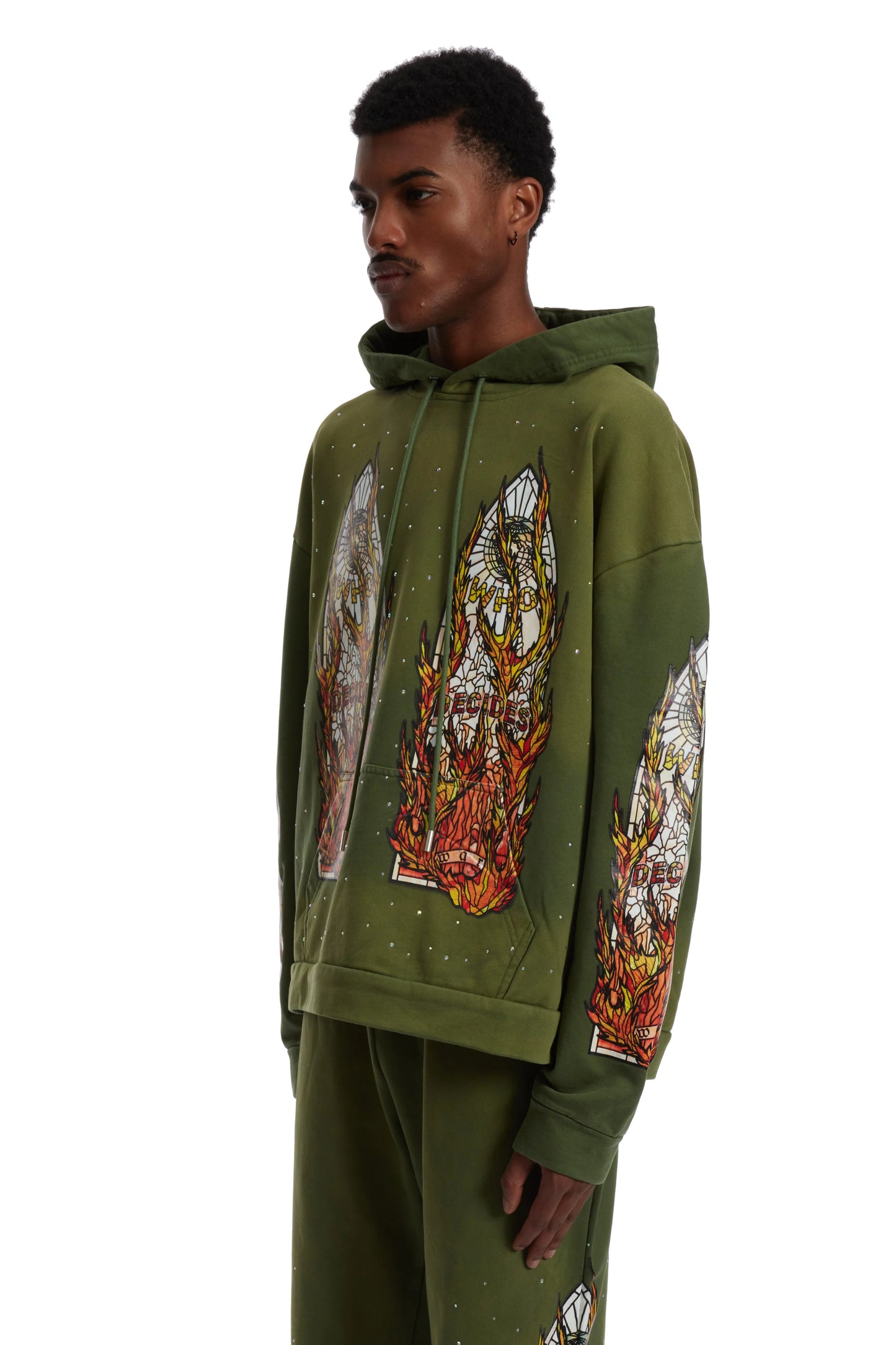 WHO DECIDES WAR green flame glass hoodie