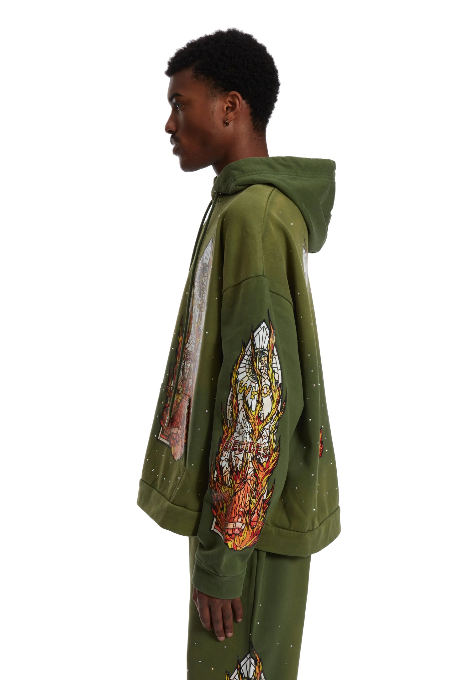 WHO DECIDES WAR green flame glass hoodie