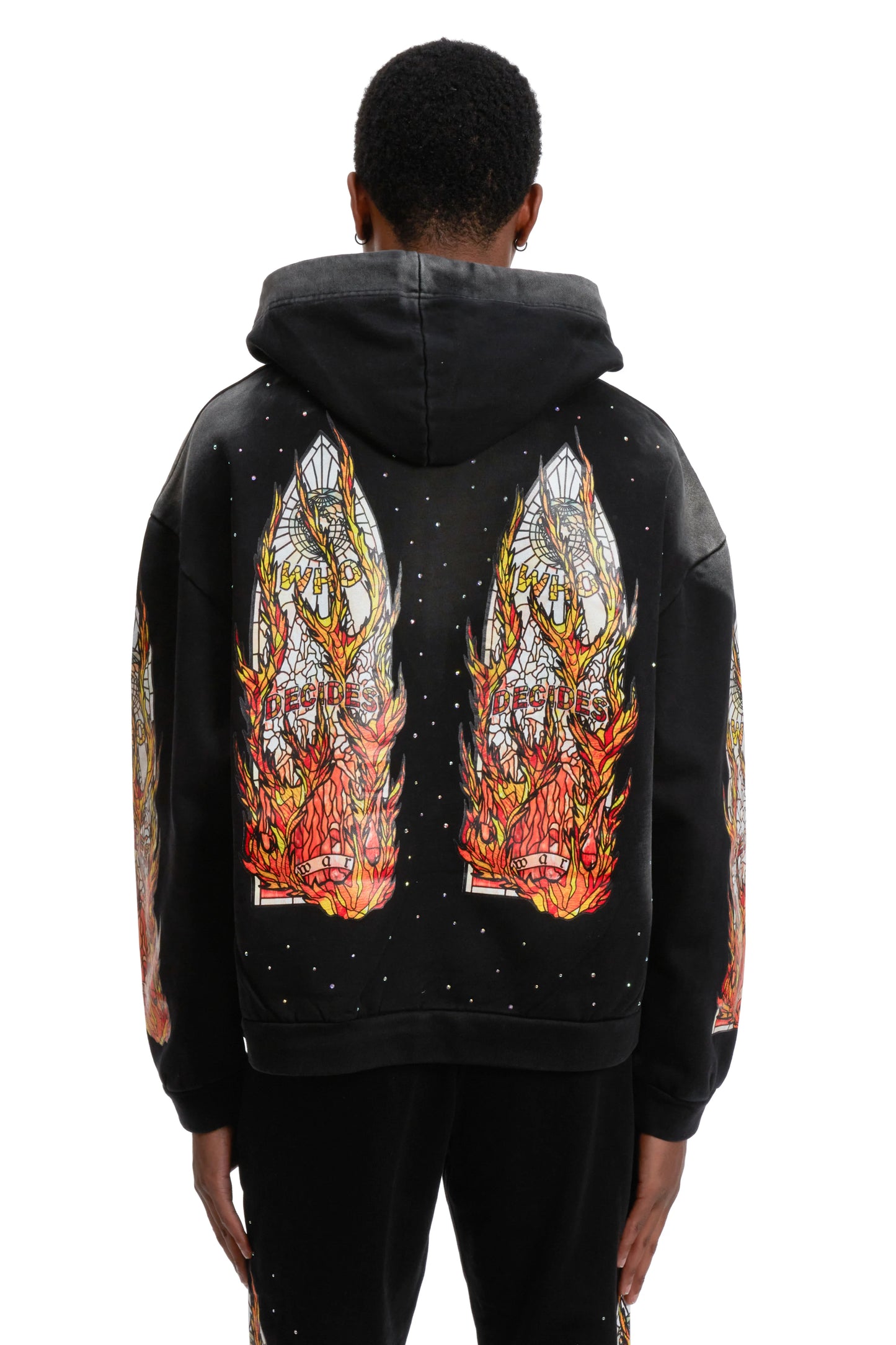 WHO DECIDES WAR black flame glass hoodie