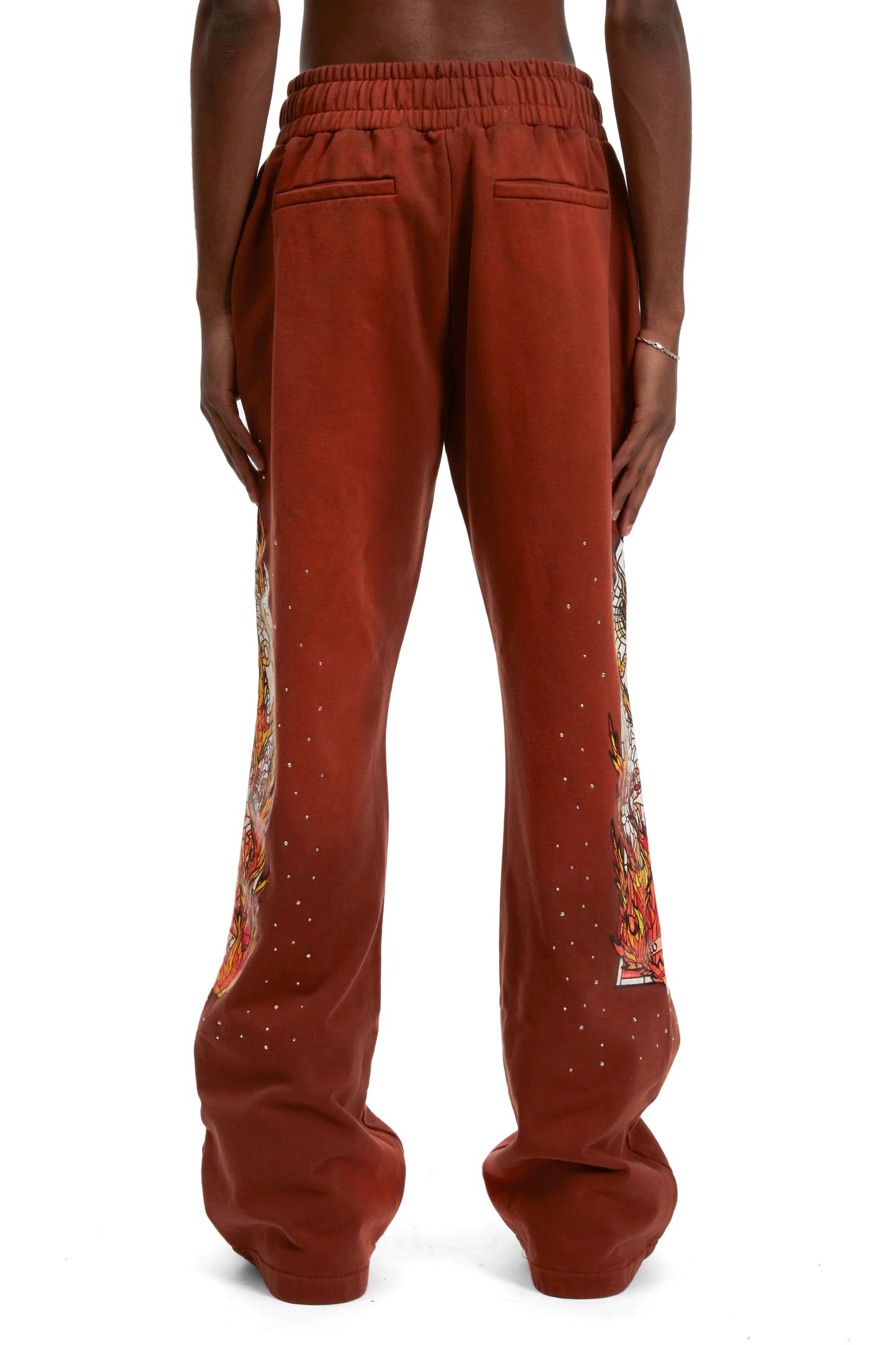 WHO DECIDES WAR orange flame glass sweatpants