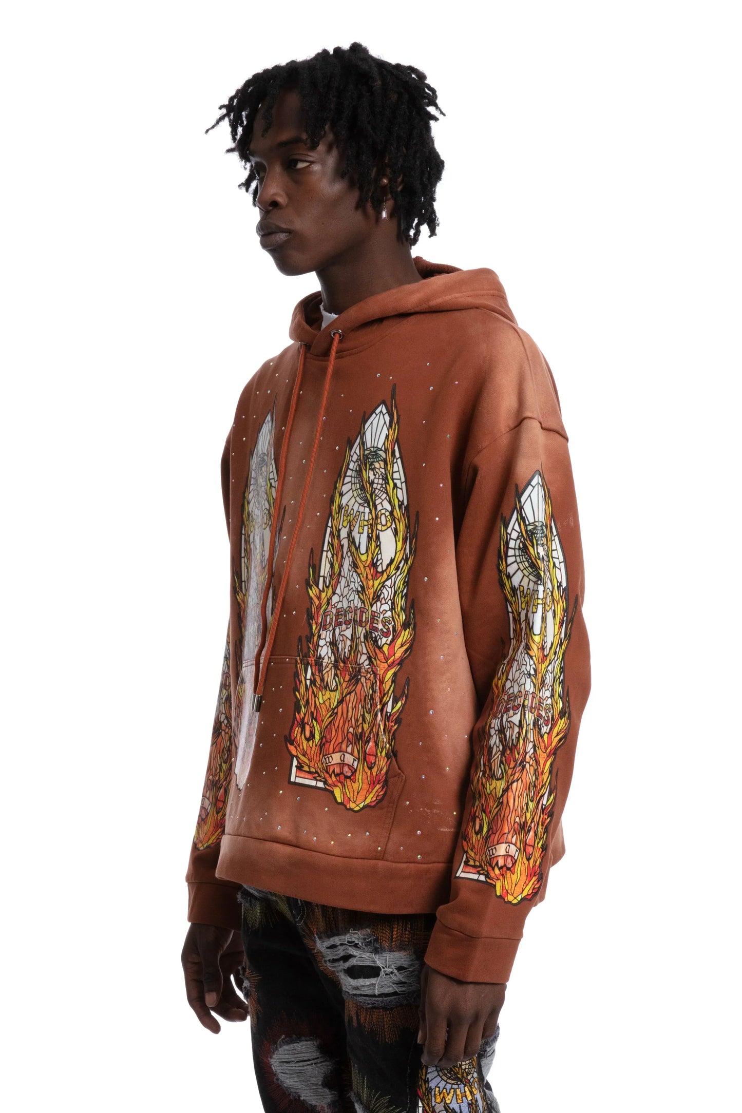 WHO DECIDES WAR orange flame glass hoodie