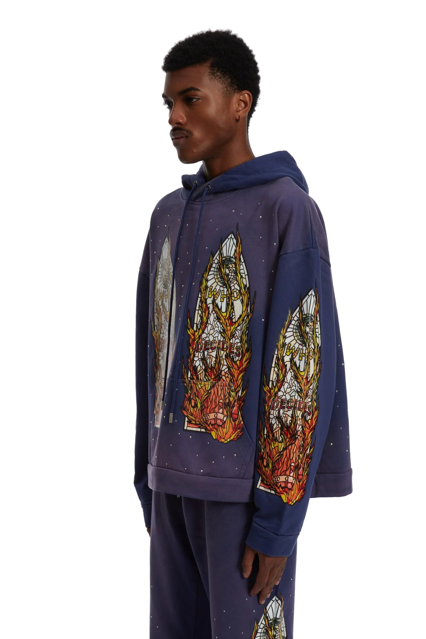 WHO DECIDES WAR pruple flame glass hoodie