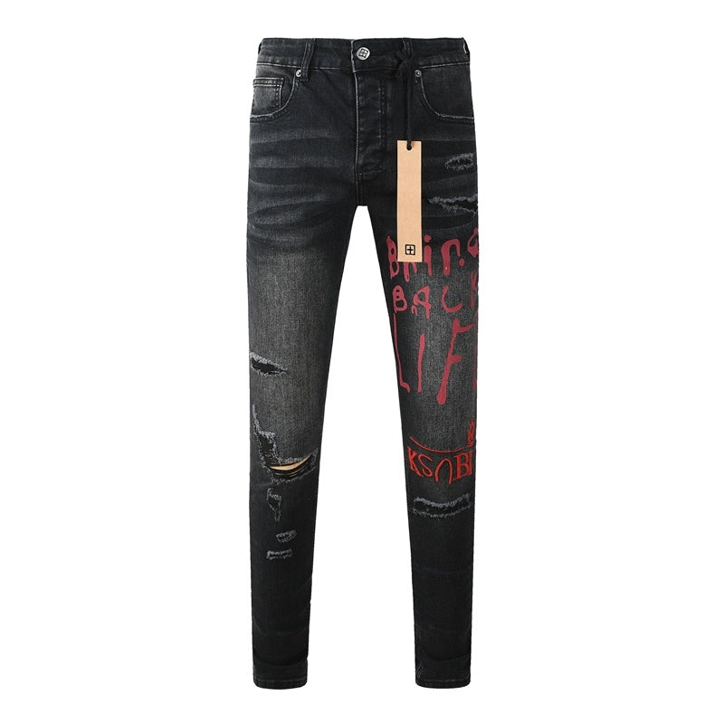 KSUBI denim black distressed skinny jeans red embroidered/screen print writing
