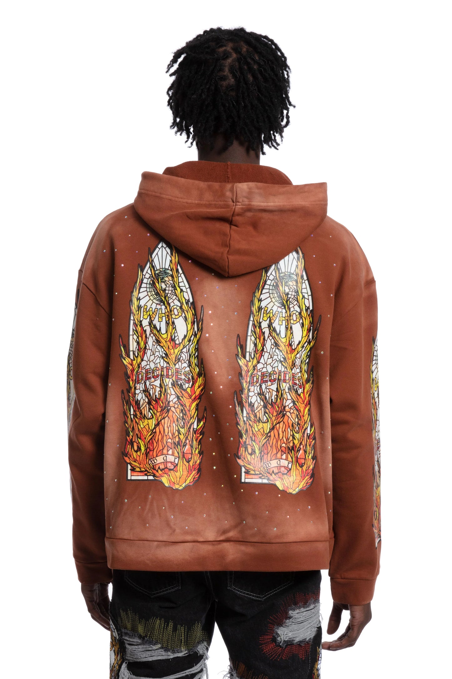 WHO DECIDES WAR orange flame glass hoodie