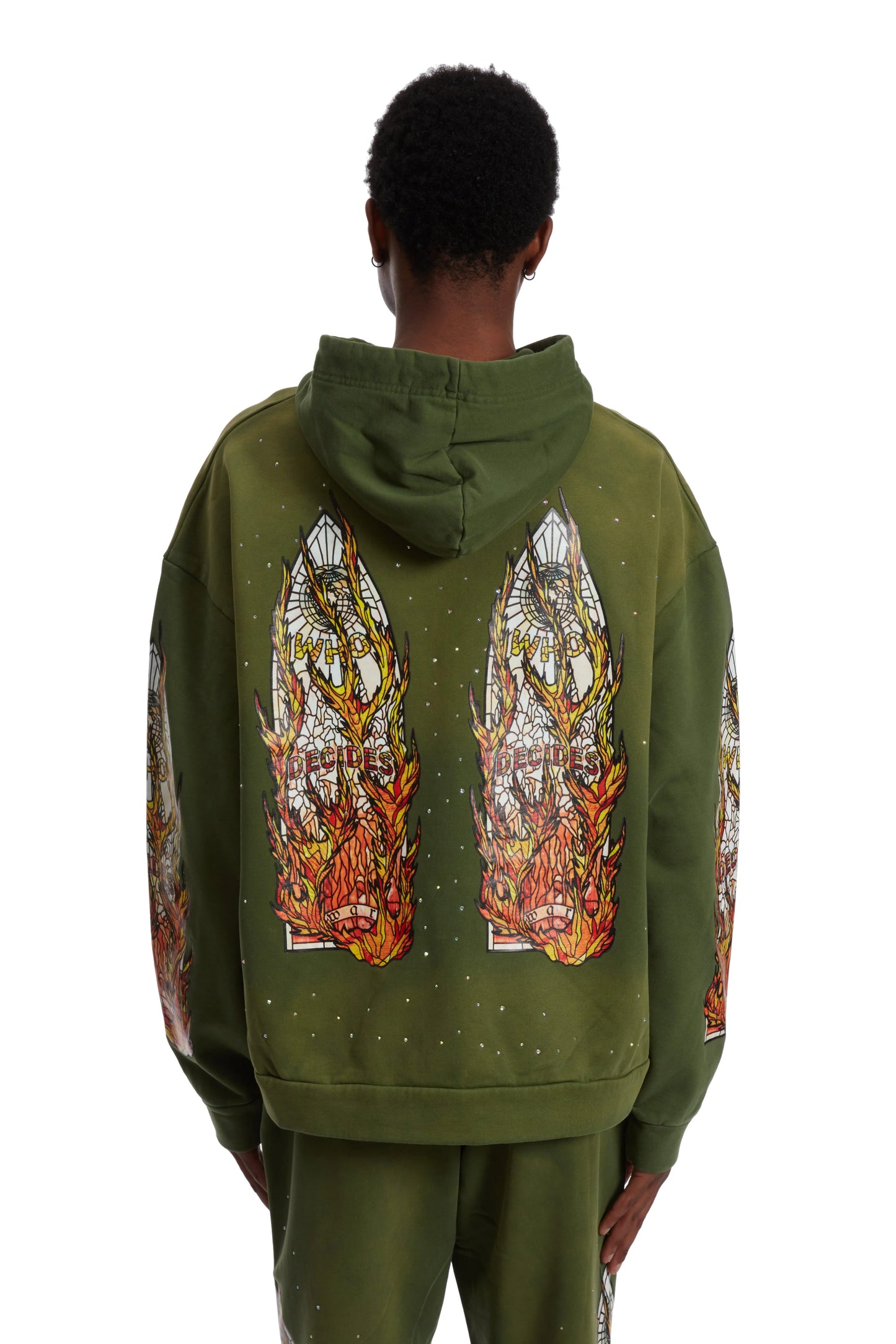 WHO DECIDES WAR green flame glass hoodie