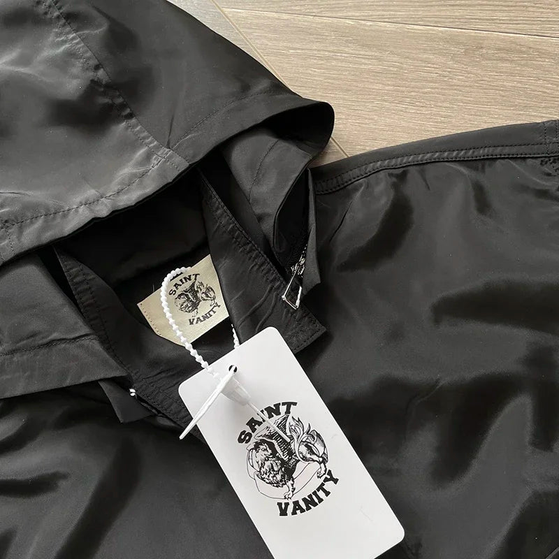 SAINT VANITY Embroidered casual sports trench coat with hooded short sleeves