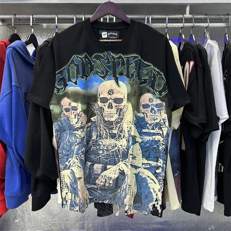 Godspeed Skeleton Printed High Weight Double Yarn Cotton Casual Short Sleeve