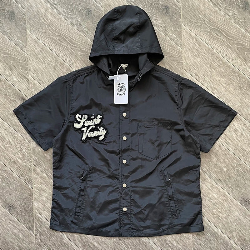 SAINT VANITY Embroidered casual sports trench coat with hooded short sleeves