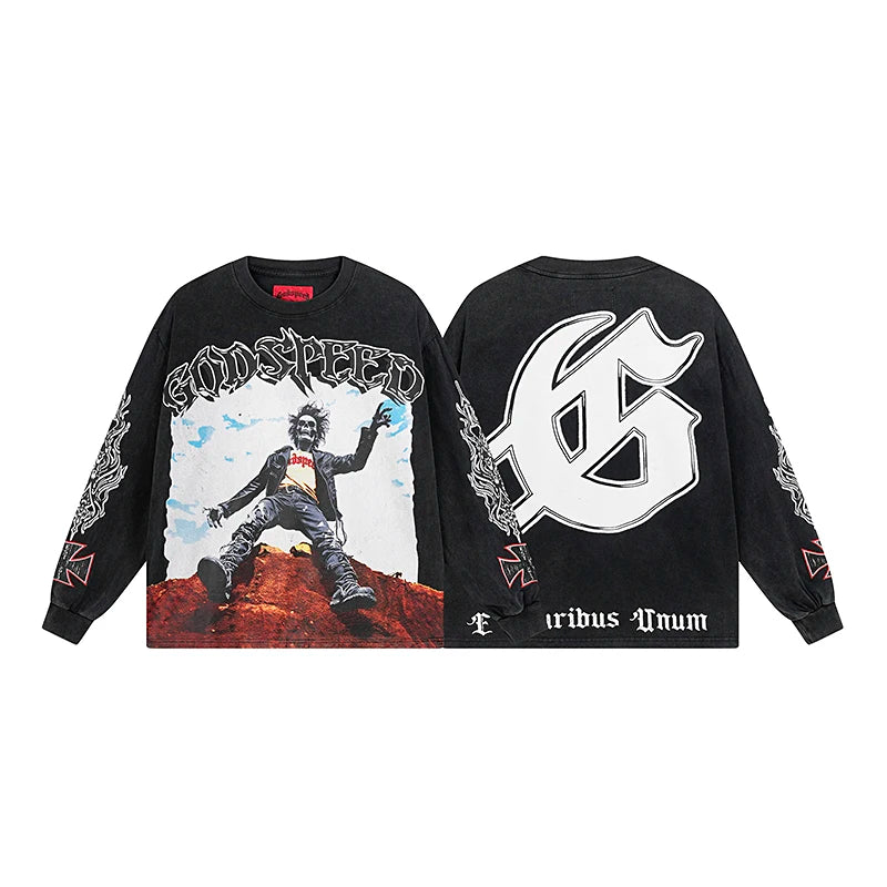 1103 # Godspeed Retro Washed Street Cotton Loose Long Sleeve T-shirt