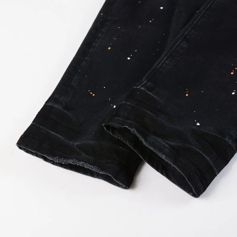 Purple New Men's Knee Ripped Straight Jeans American High Street Inkjet Black Stretch MEN JEANS