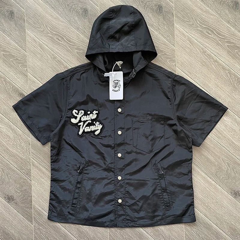 SAINT VANITY Embroidered casual sports trench coat with hooded short sleeves