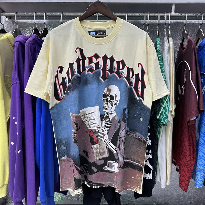 Godspeed Newspaper Skull Print Pure Cotton Casual Short Sleeved t-Shirt