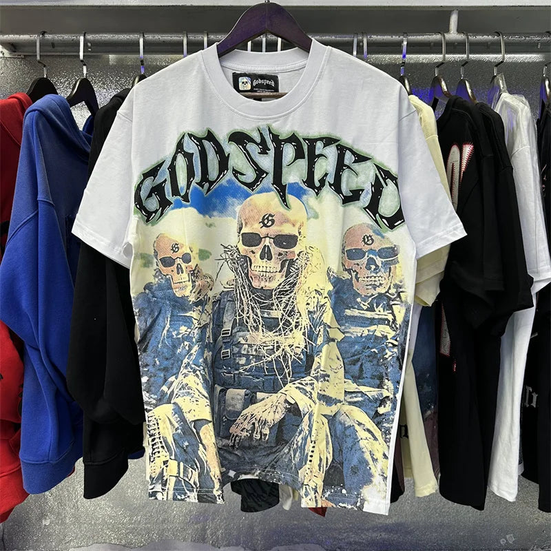 Godspeed Skeleton Printed High Weight Double Yarn Cotton Casual Short Sleeve
