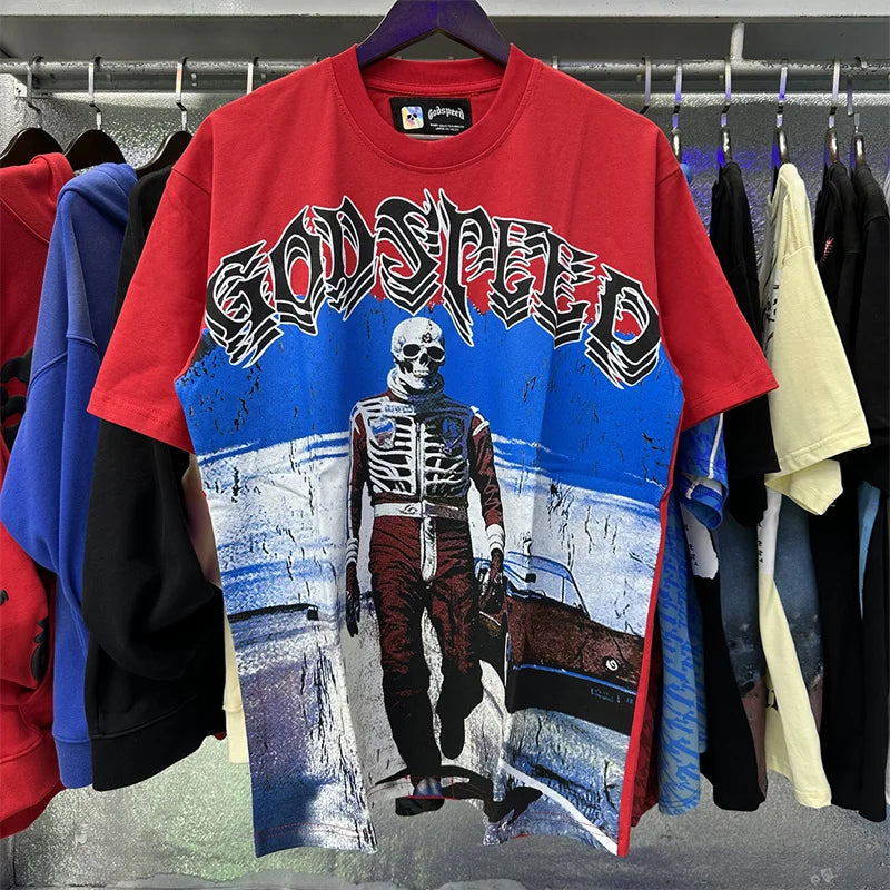 Godspeed Skeleton Racing Driver Printed Double Yarn Cotton Casual Short Sleeve T-shirt