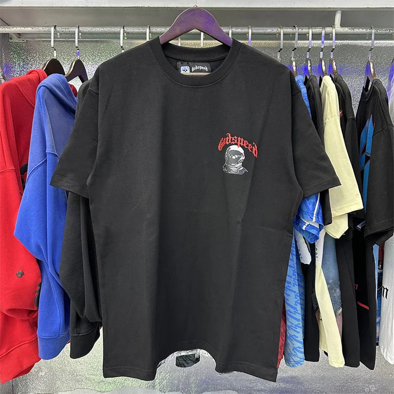 Godspeed Moon Print Double Yarn Pure Cotton Casual Short Sleeved t-Shirt