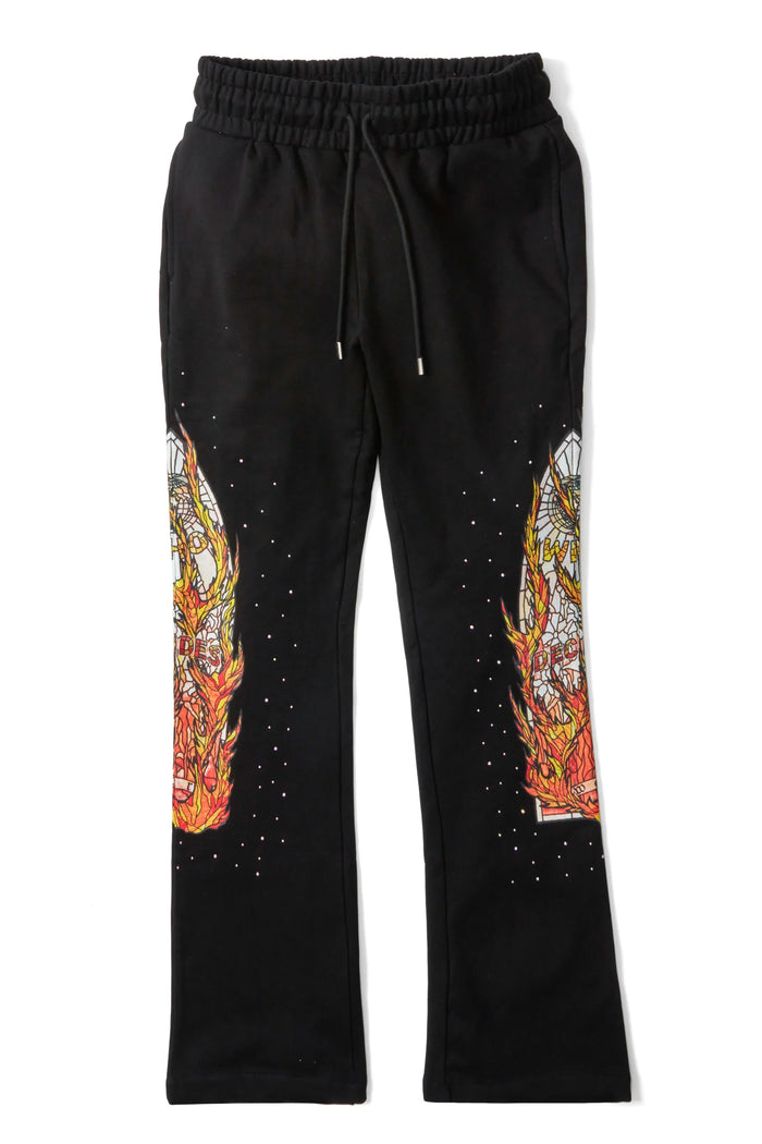 WHO DECIDES WAR black flame glass sweatpants