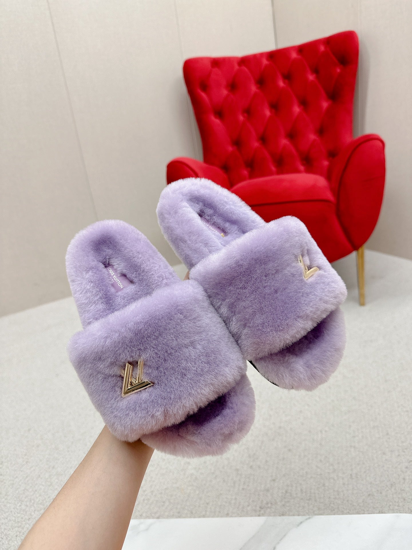 Purple Louis vitton  fur slides
