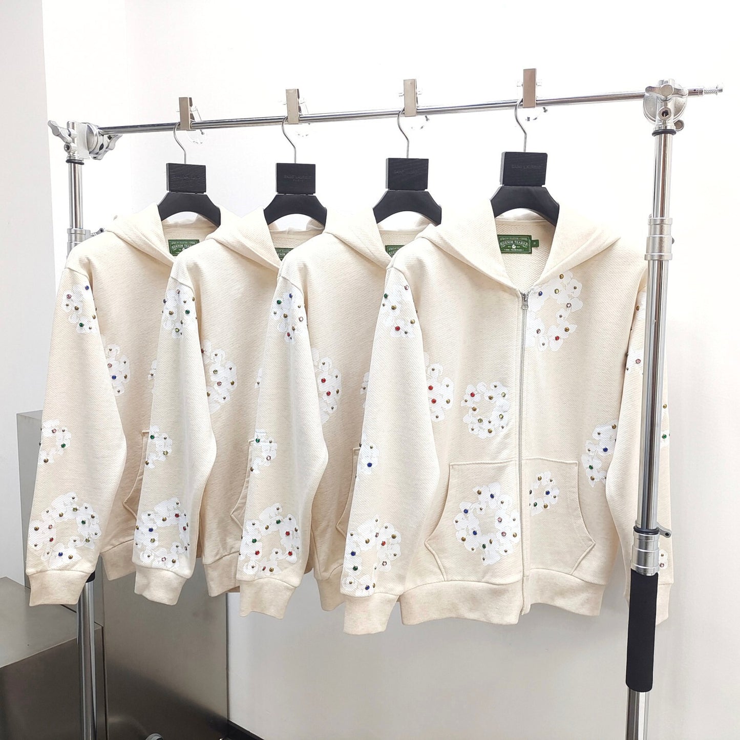 Denim Tears Rhinestone Cotton Wreath Zip Hoodie cream