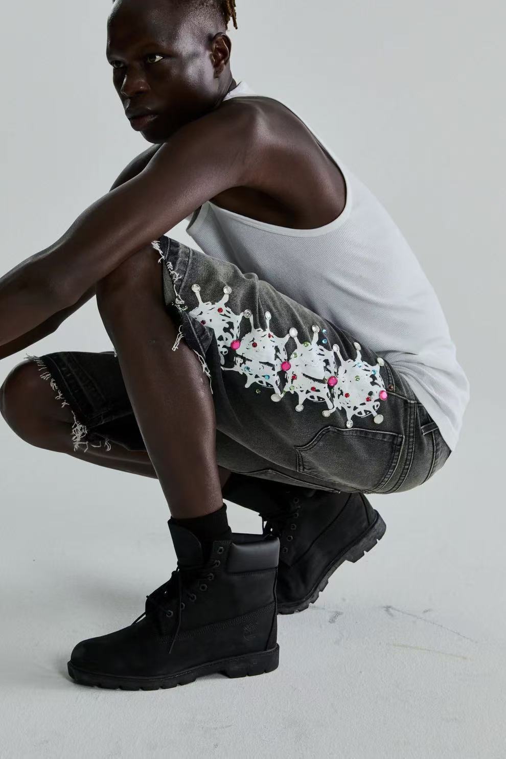 Sp5der Web Stone Denim Shorts 'Black Wash