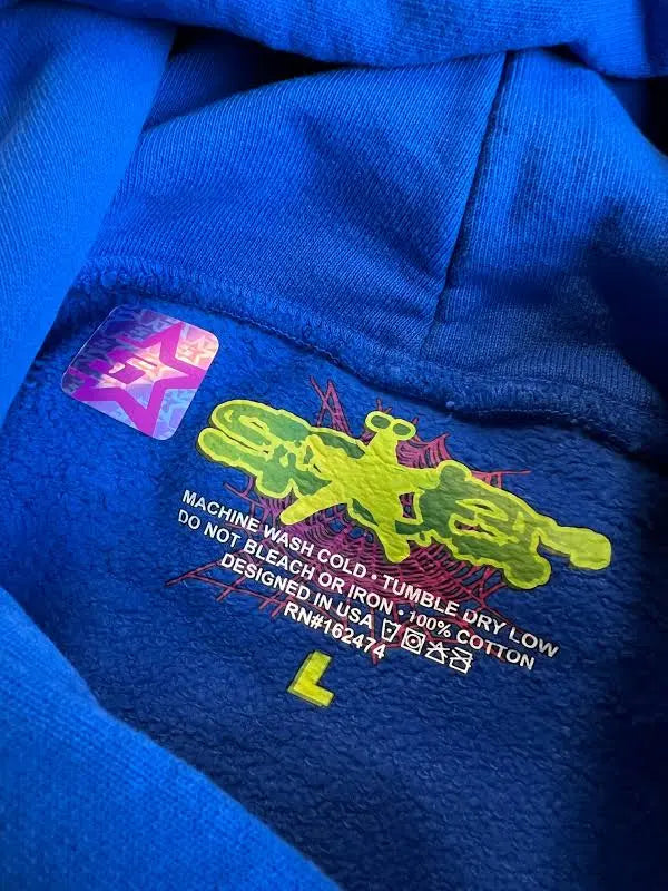 Blue and yellow sp5der hoodie