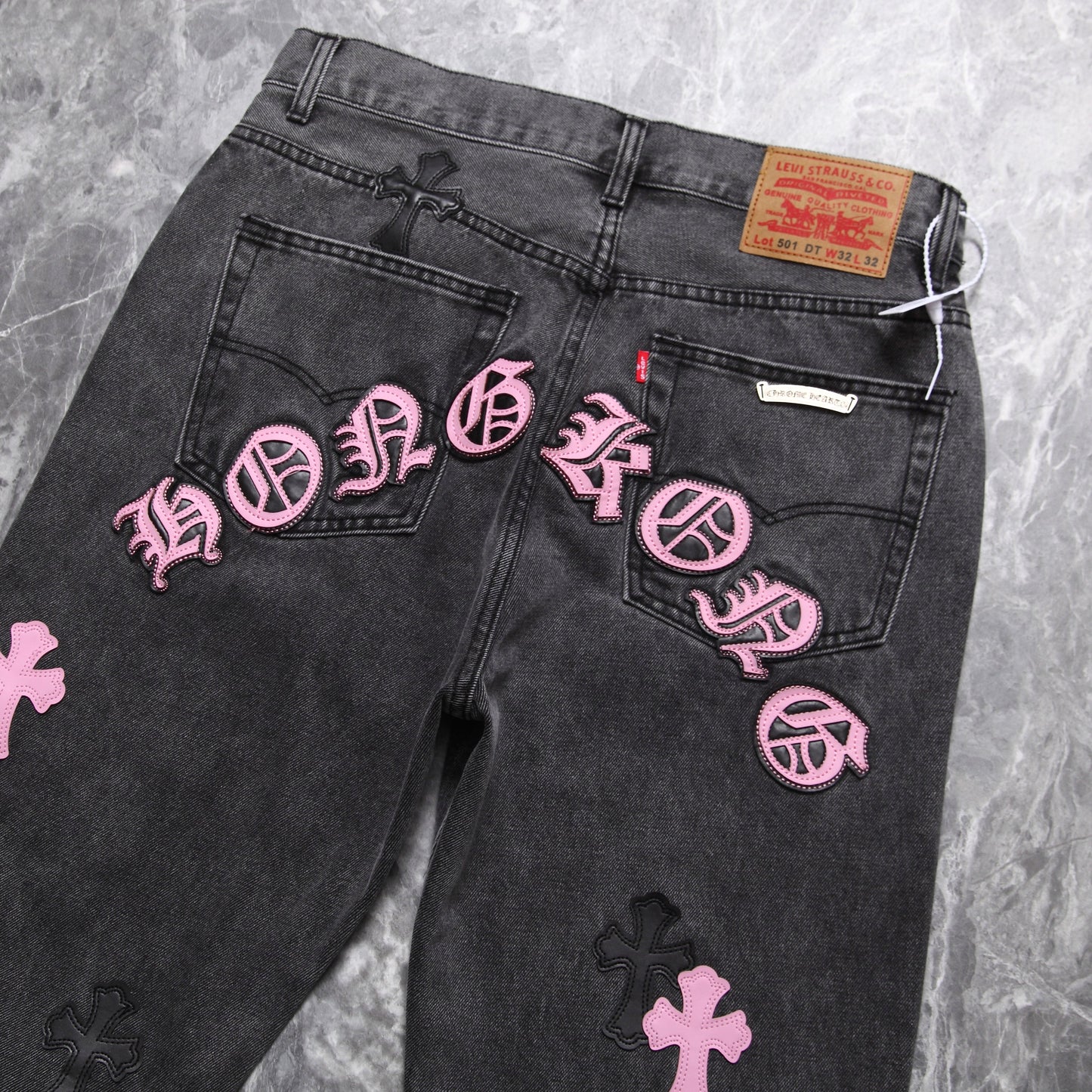 Chrome hearts pink cross patch jeans