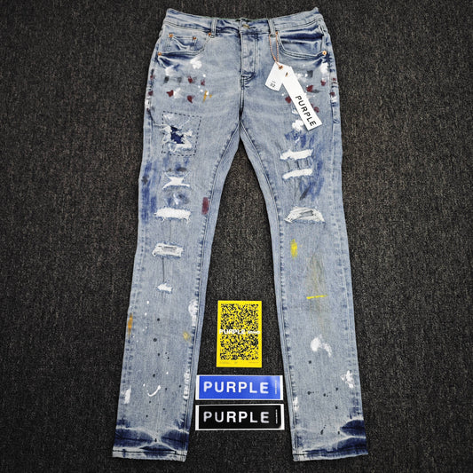 Purple Faded Indigo Paint Repair Low Rise Skinny Jeans