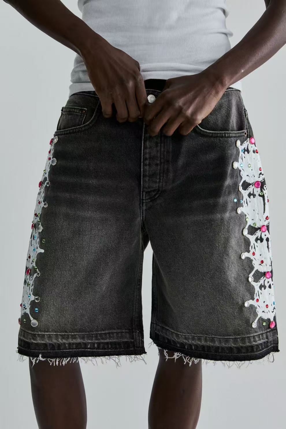 Sp5der Web Stone Denim Shorts 'Black Wash