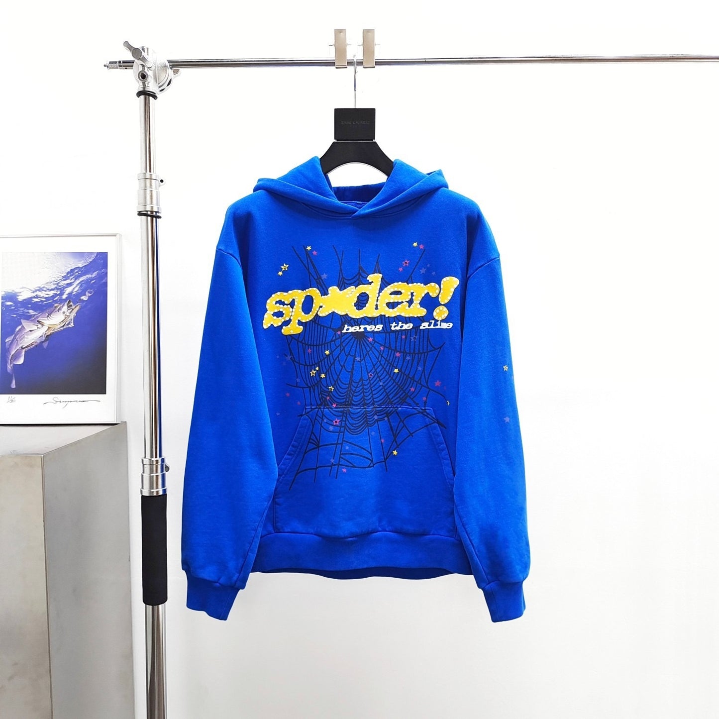 Blue and yellow sp5der hoodie