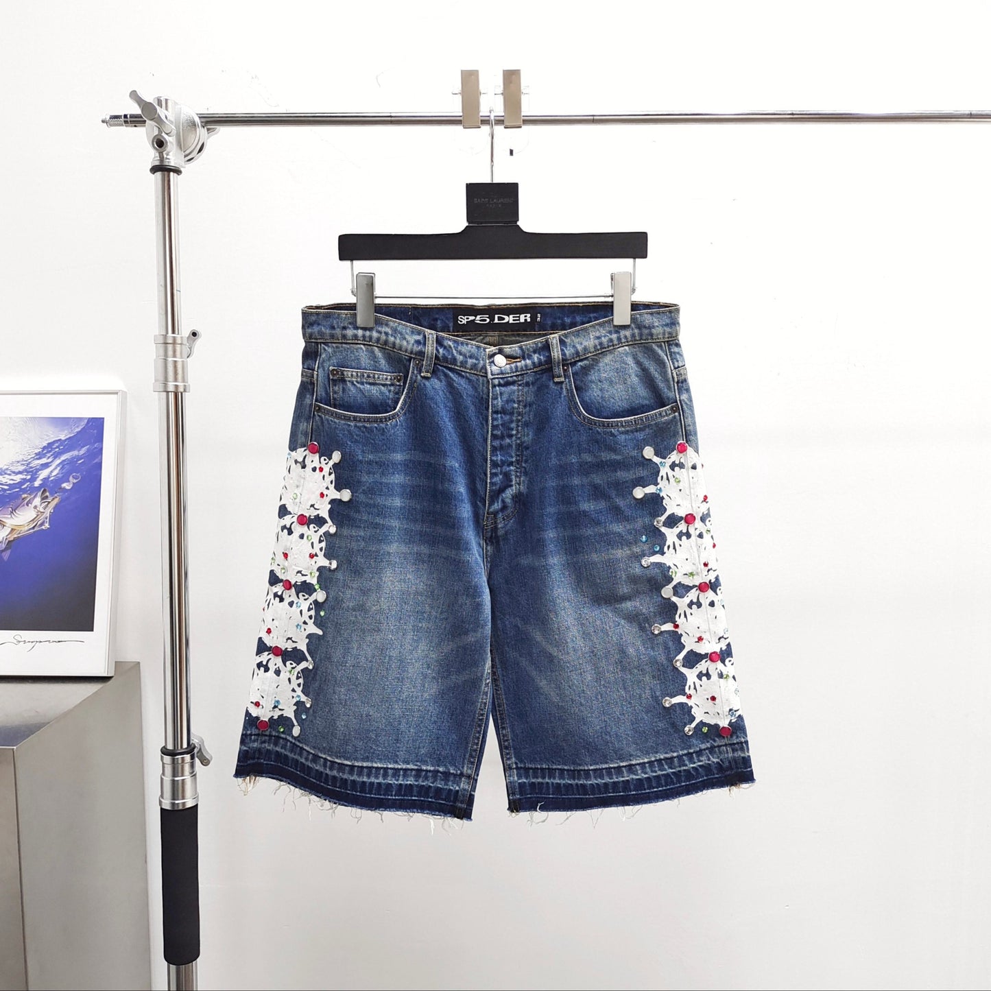 Sp5der Web Stone Denim Shorts 'blue Wash
