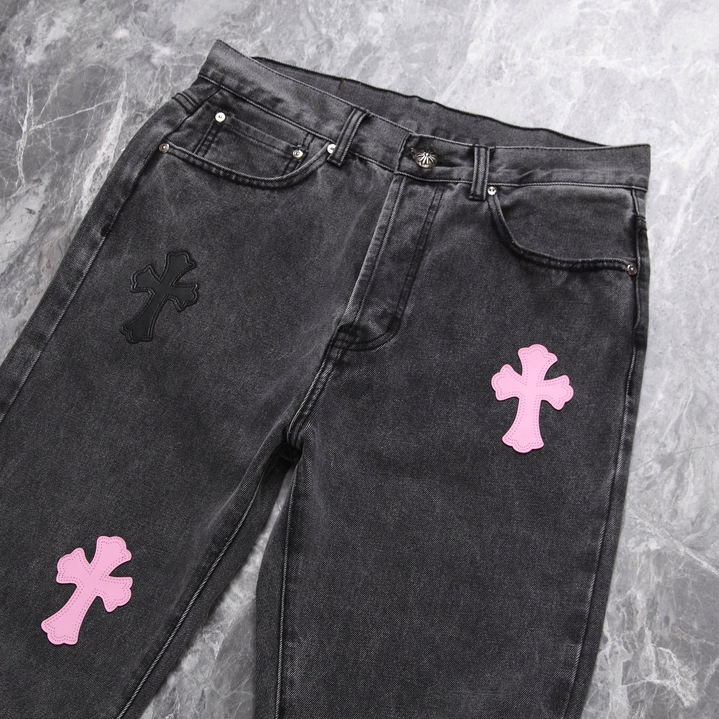 Chrome hearts pink cross patch jeans