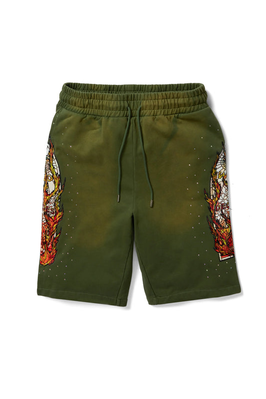 WHO DECIDES WAR green flame glass shorts