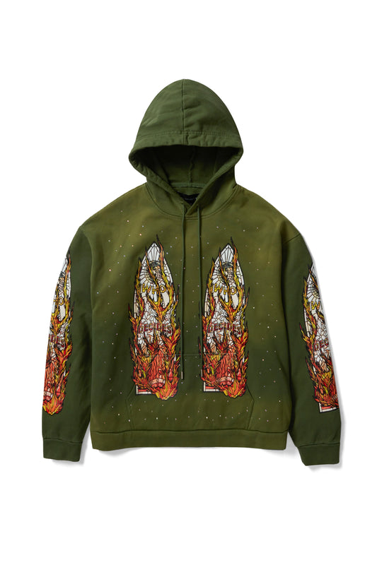 WHO DECIDES WAR green flame glass hoodie