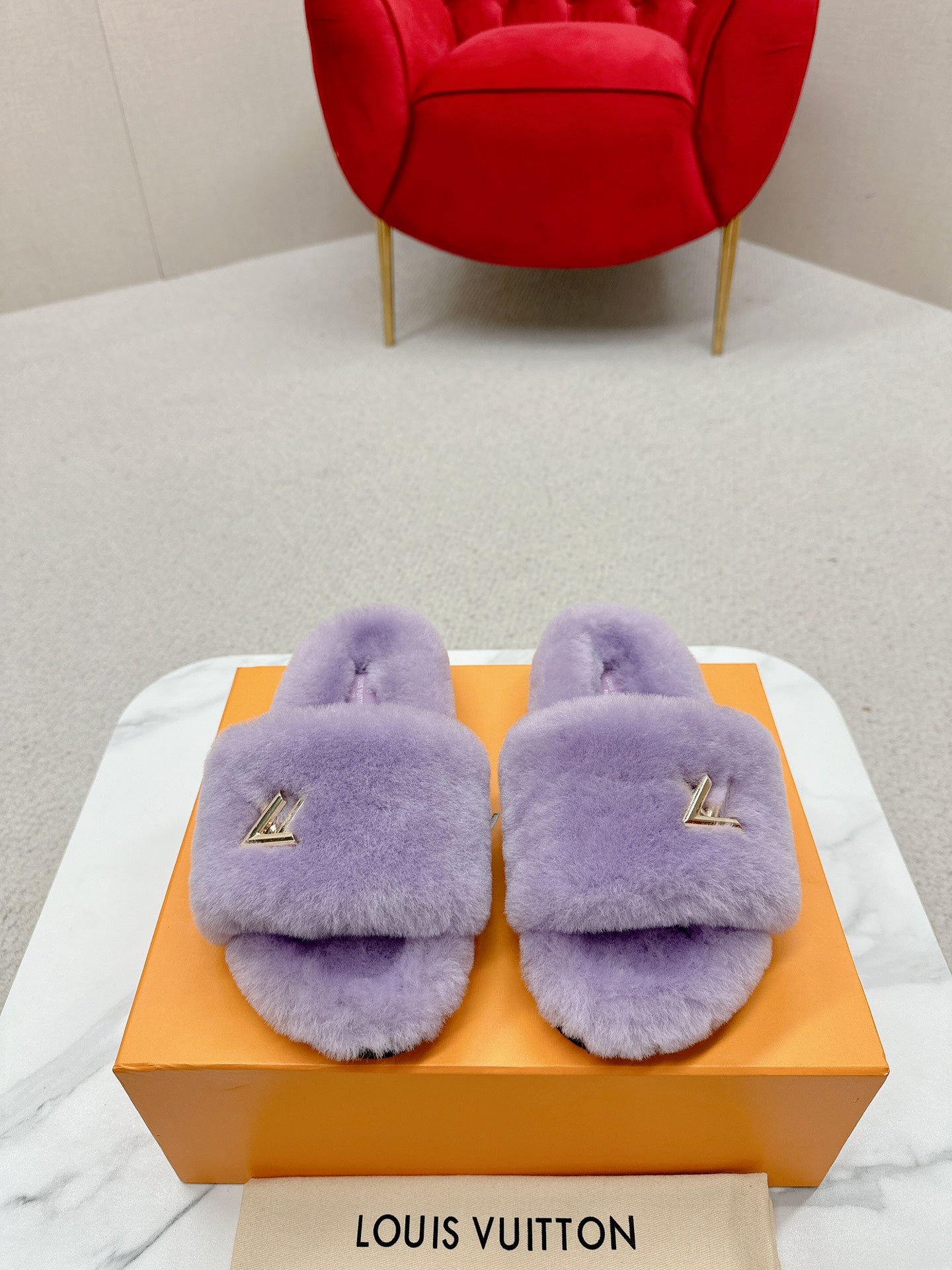 Purple Louis vitton  fur slides