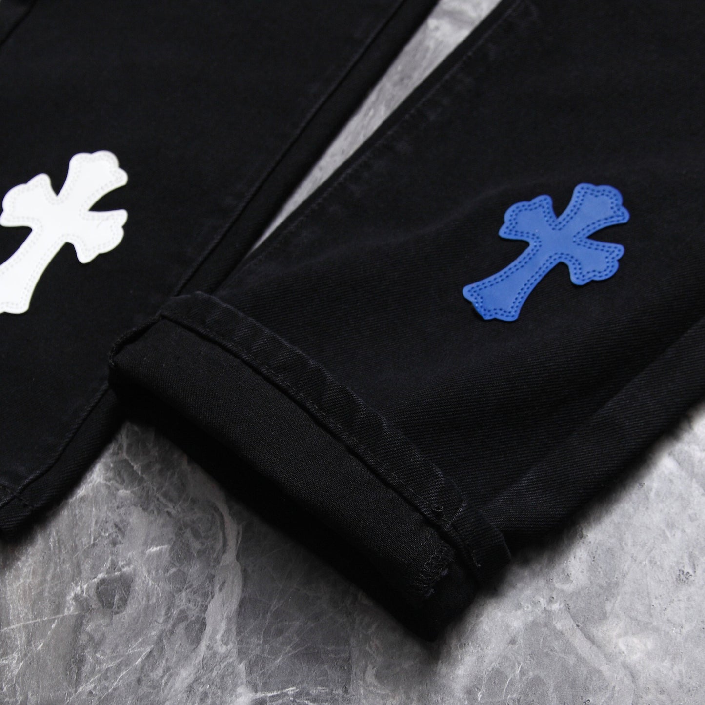 Chrome hearts jeans with colorful crosses