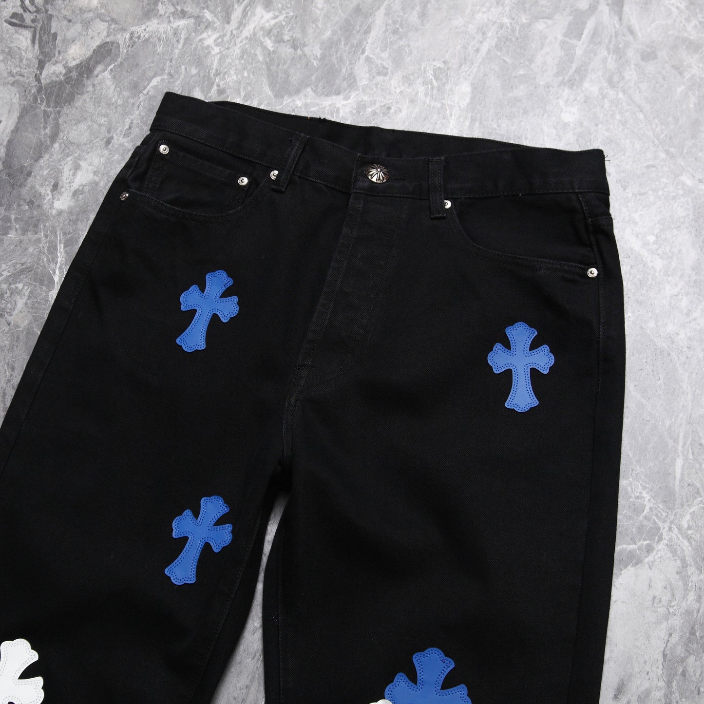 Chrome hearts jeans with colorful crosses