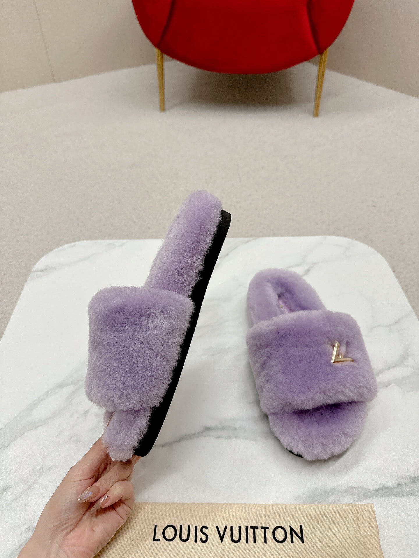 Purple Louis vitton  fur slides