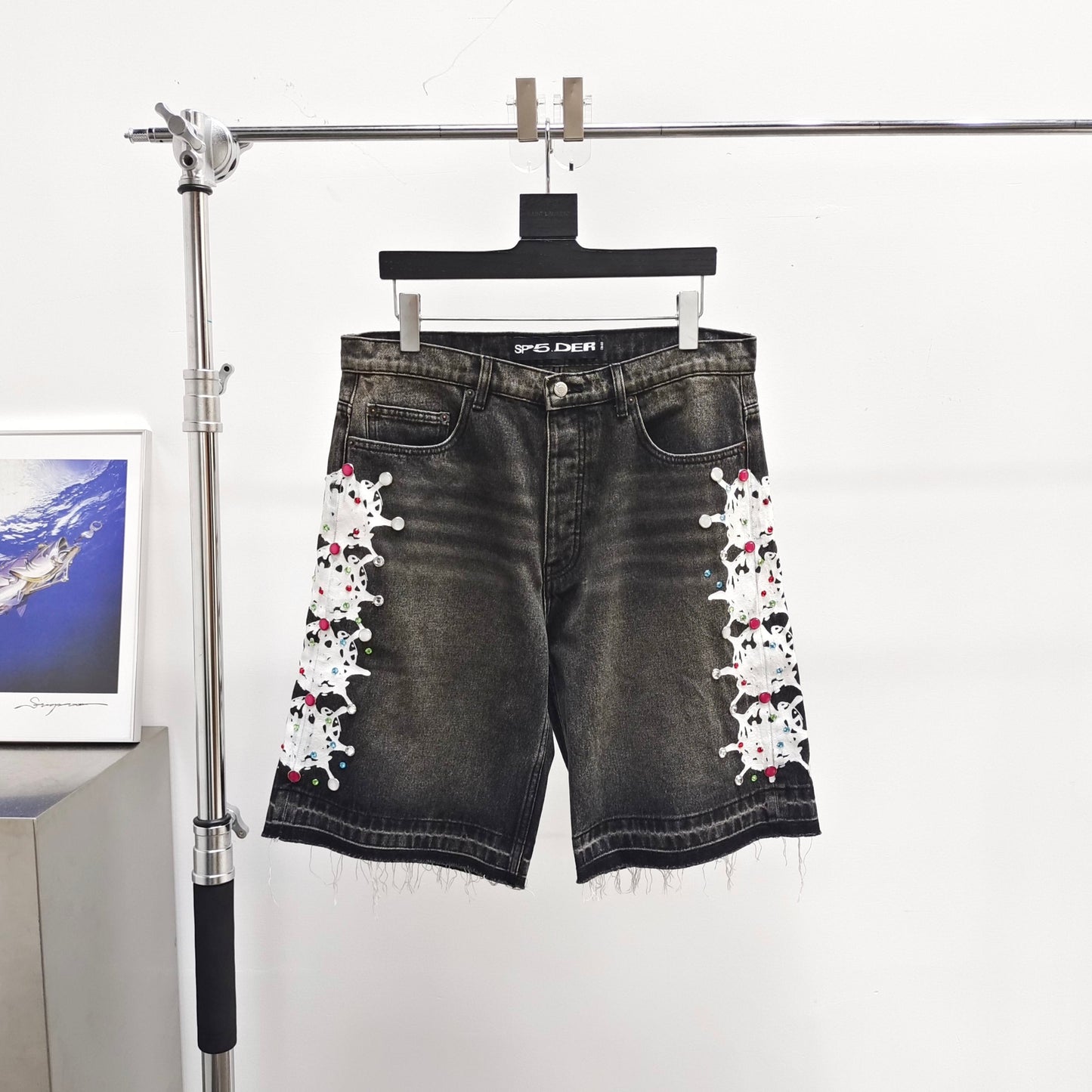 Sp5der Web Stone Denim Shorts 'Black Wash