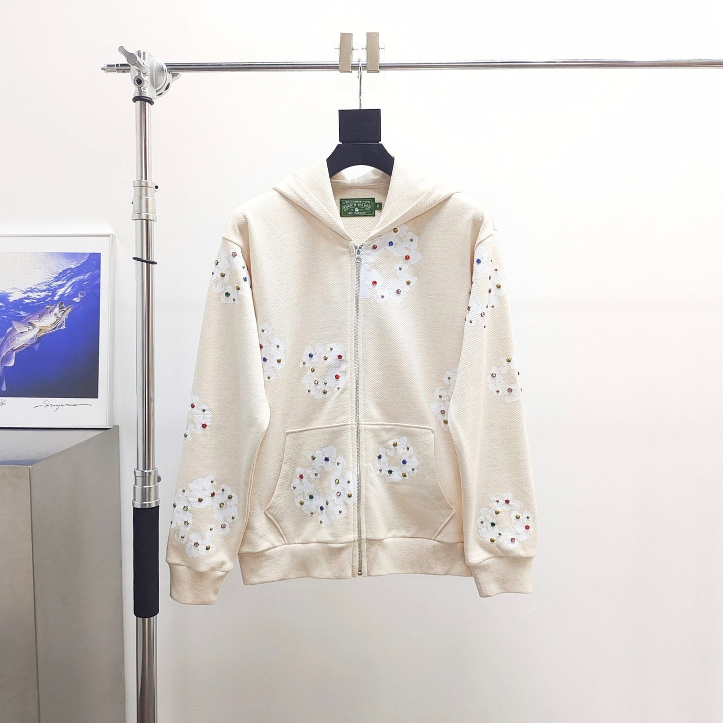 Denim Tears Rhinestone Cotton Wreath Zip Hoodie cream