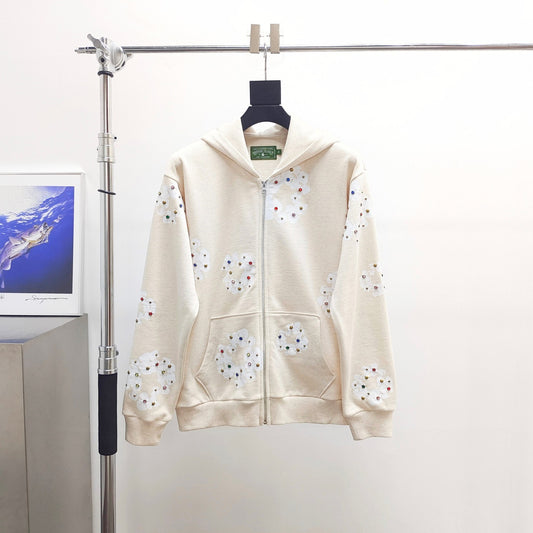 Denim Tears Rhinestone Cotton Wreath Zip Hoodie cream