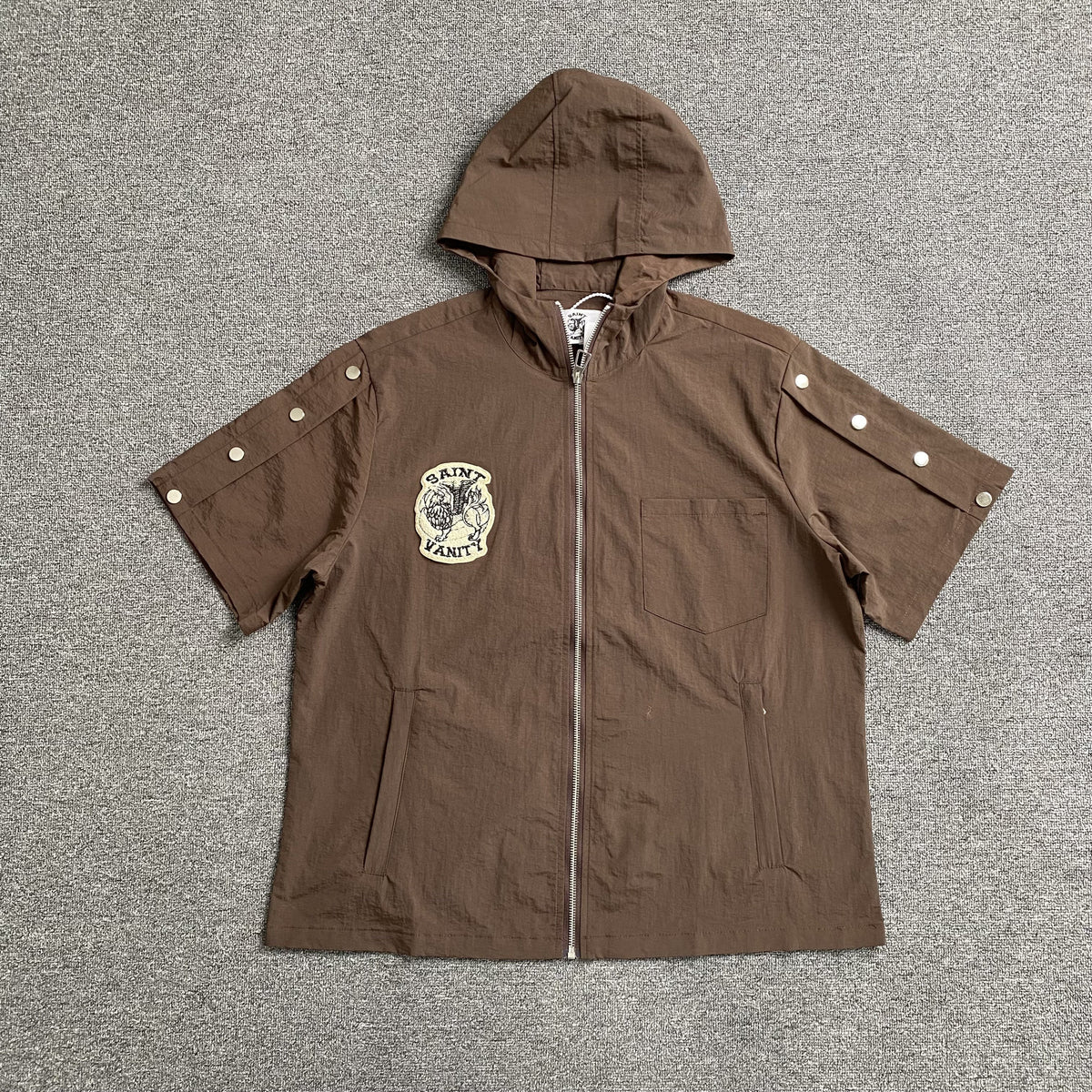 Saint Vanity Nylon Short Sleeve Zip Up Hoodie Brown