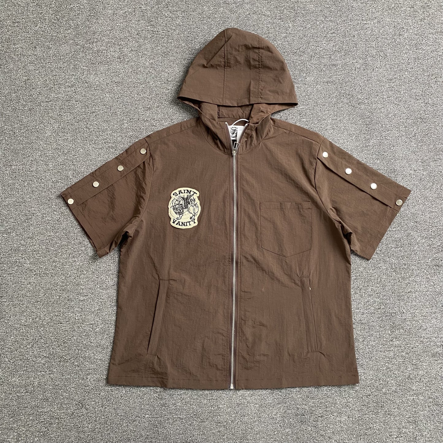 Saint Vanity Nylon Short Sleeve Zip Up Hoodie Brown