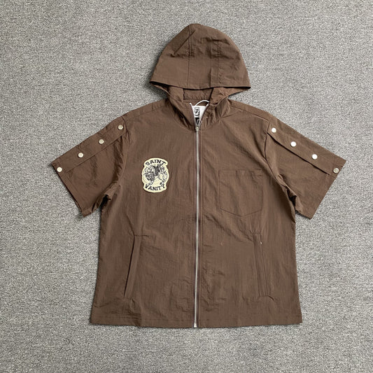 Saint Vanity Nylon Short Sleeve Zip Up Hoodie Brown
