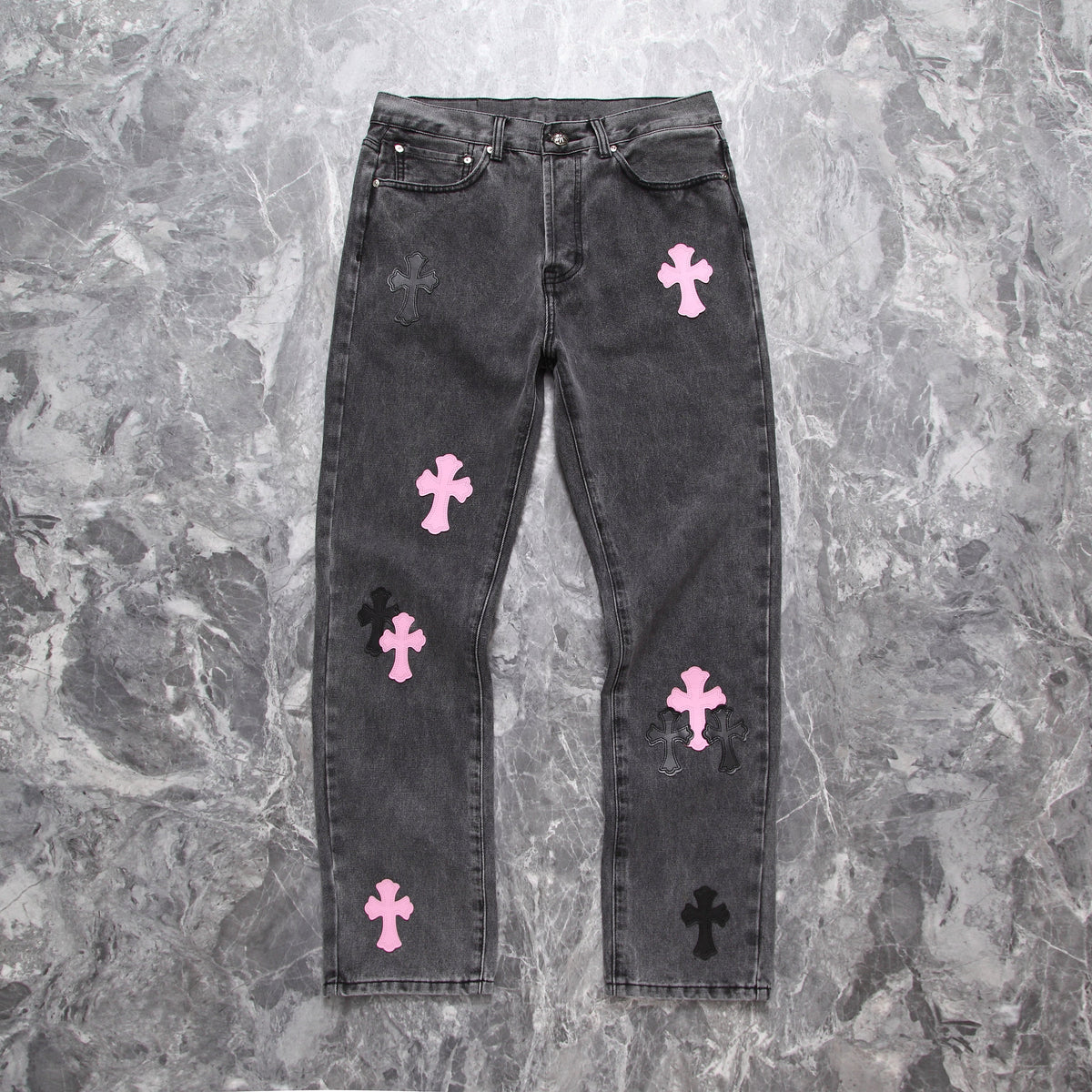 Chrome hearts pink cross patch jeans