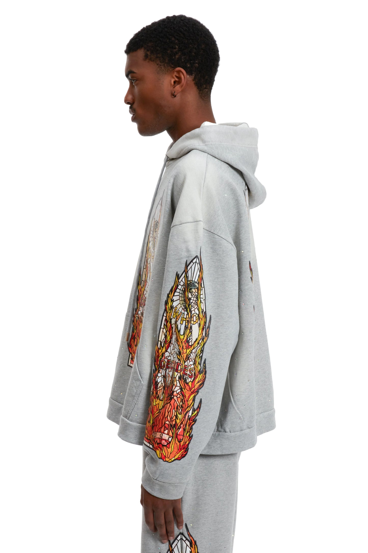 WHO DECIDES WAR gray flame glass hoodie