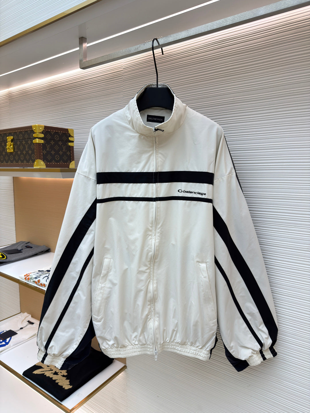 White BALENCIAGA STRIPED HIGH COLLAR JACKET