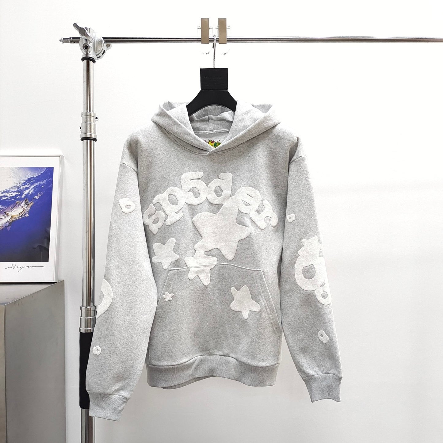 Sp5der worldwide gray  beluga hoodie puff print logo