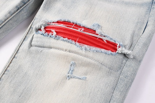Amiri jeans light gray and red  with diressing (Copy)